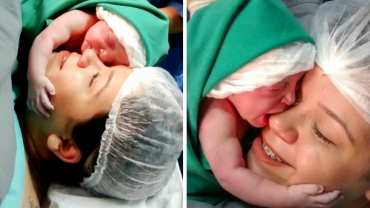 Newborn Baby Clings to Mom's Face